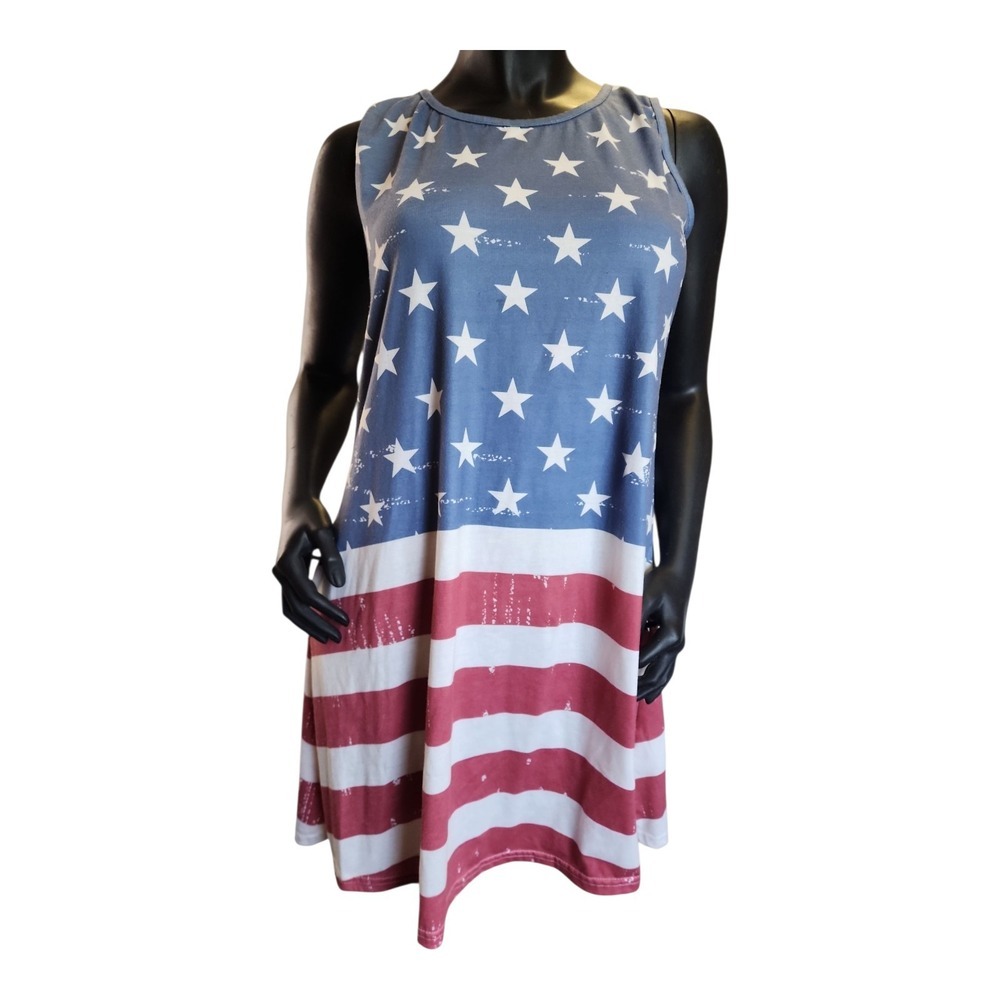 4th of July American Flag Swing Mini Dress Stars Stripes Pockets Sz M - Picture 2 of 14